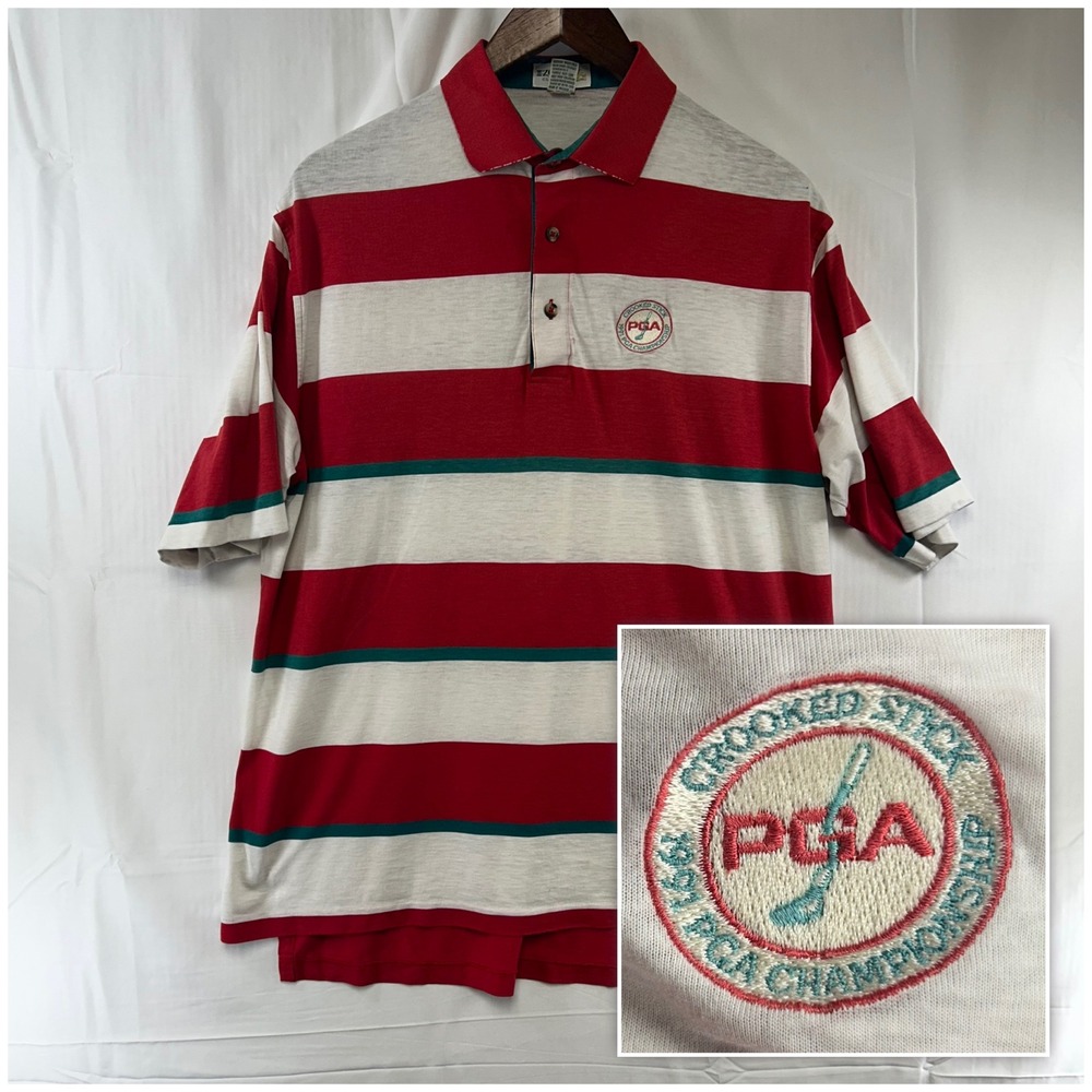VTG Izod Club Polo Shirt Mens L Red White 1991 PGA Championship Crooked Stick